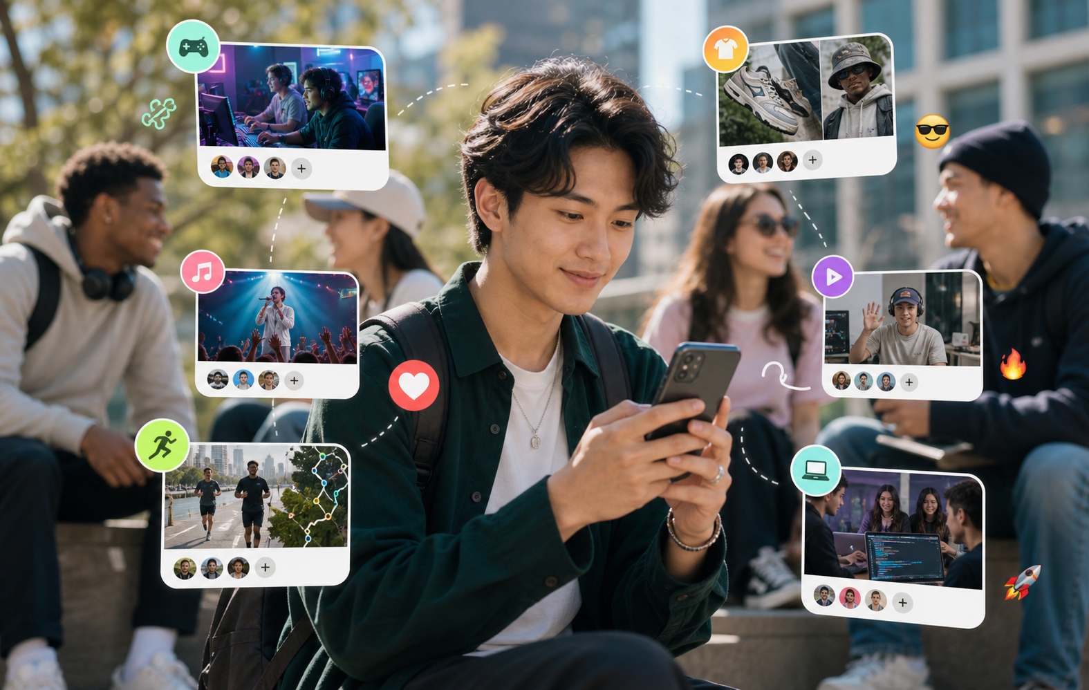 A young person using a phone with floating cards representing Gen Z culture circles.