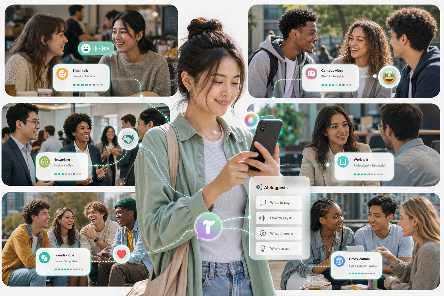 A phone connecting a young user to different social situations with AI communication cues.